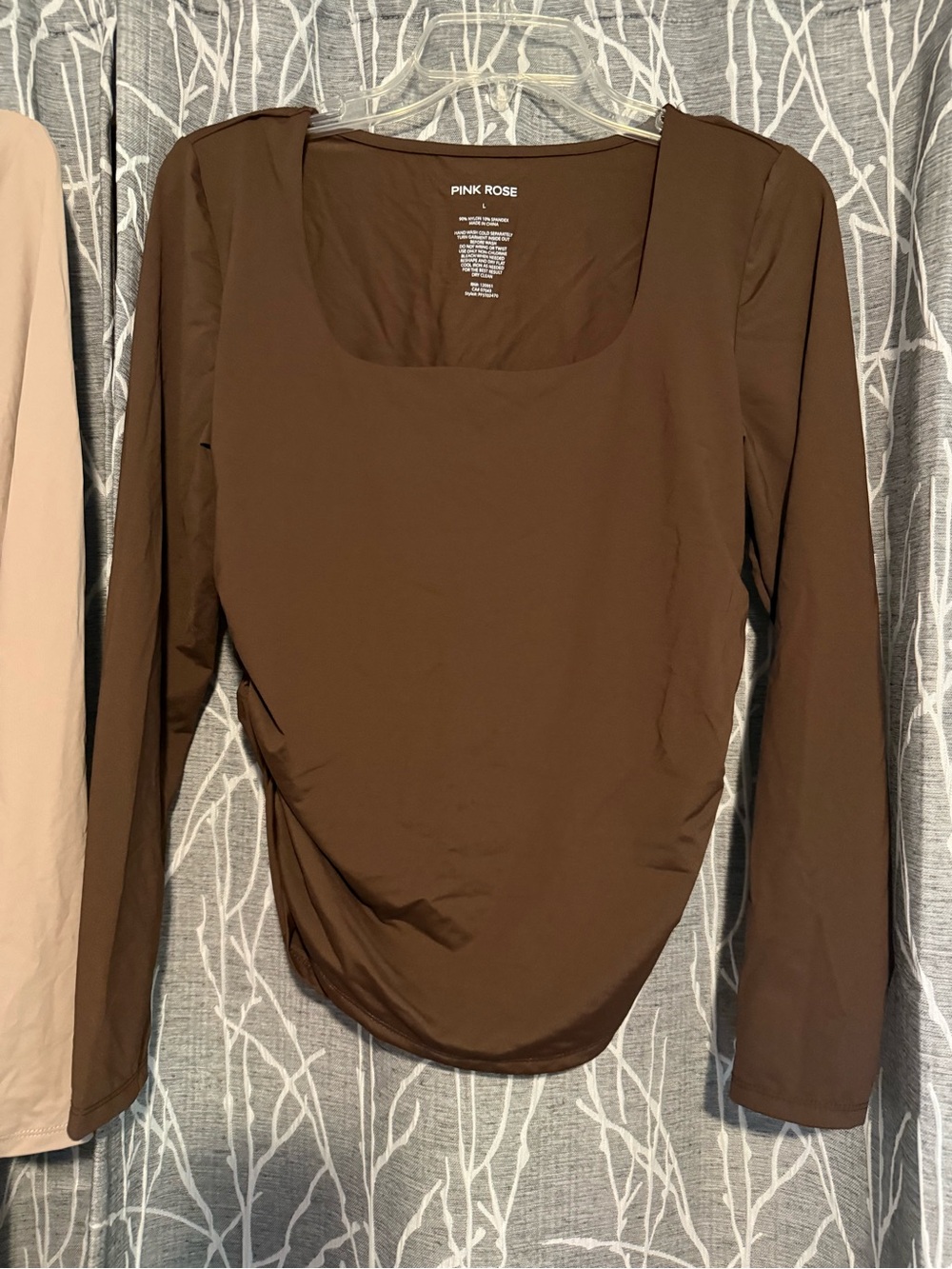 NWOT 2 PINK ROSE Long Sleeve Square Scoop Neck Tops in Beige/Nude & Brown size L - Picture 5 of 10